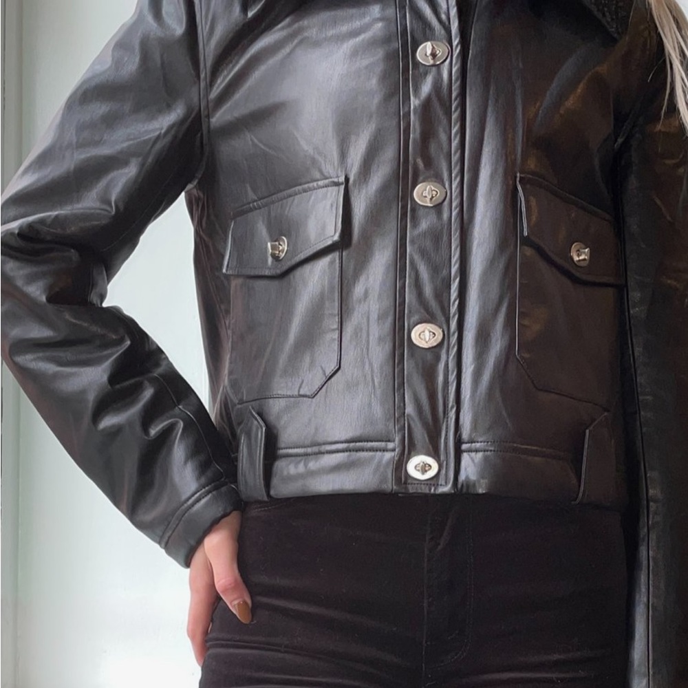 Beautiful vegan leather bomber jacket with shearling